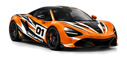 McLaren 570S in McLaren Orange with black, white and orange racing graphics with a number 01 door panel, front three-quarter view on a white background.