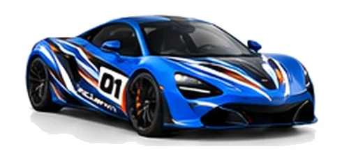 McLaren 570S in Aurora Blue with black, white and orange racing graphics with a number 01 door panel, front three-quarter view on a white background.