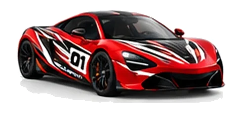 McLaren 570S in Vermillion Red with black, white and orange racing graphics with a number 01 door panel, front three-quarter view on a white background.