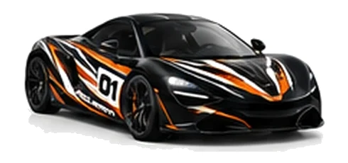 McLaren 720S in Onyx Black with black, white and orange racing graphics with a number 01 door panel, front three-quarter view on a white background.