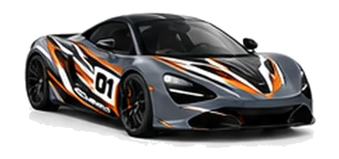 McLaren 720S in Storm Grey with black, white and orange racing graphics with a number 01 door panel, front three-quarter view on a white background.