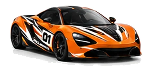 McLaren 720S in McLaren Orange with black, white and orange racing graphics with a number 01 door panel, front three-quarter view on a white background.