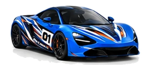 McLaren 720S in Aurora Blue with black, white and orange racing graphics with a number 01 door panel, front three-quarter view on a white background.