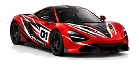 McLaren 720S in Vermillion Red with black, white and orange racing graphics with a number 01 door panel, front three-quarter view on a white background.