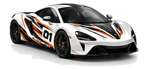 McLaren Artura in Silica White with black, white and orange racing graphics with a number 01 door panel, front three-quarter view on a white background.