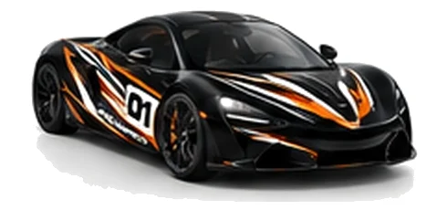 McLaren Artura in Onyx Black with black, white and orange racing graphics with a number 01 door panel, front three-quarter view on a white background.