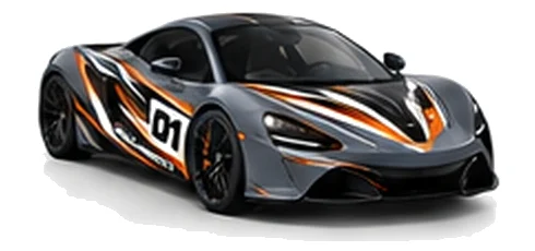 McLaren Artura in Storm Grey with black, white and orange racing graphics with a number 01 door panel, front three-quarter view on a white background.