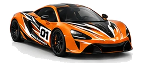 McLaren Artura in McLaren Orange with black, white and orange racing graphics with a number 01 door panel, front three-quarter view on a white background.