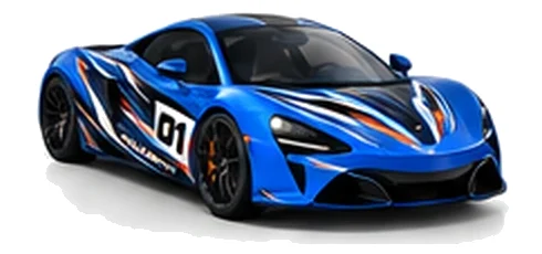 McLaren Artura in Aurora Blue with black, white and orange racing graphics with a number 01 door panel, front three-quarter view on a white background.
