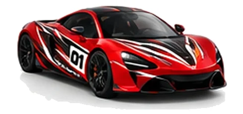 McLaren Artura in Vermillion Red with black, white and orange racing graphics with a number 01 door panel, front three-quarter view on a white background.