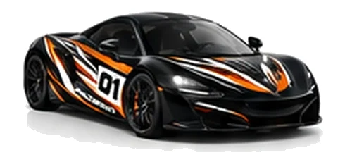 McLaren MP4-12C in Onyx Black with black, white and orange racing graphics with a number 01 door panel, front three-quarter view on a white background.
