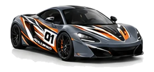 McLaren MP4-12C in Storm Grey with black, white and orange racing graphics with a number 01 door panel, front three-quarter view on a white background.