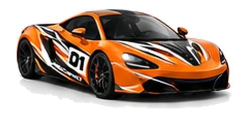 McLaren MP4-12C in McLaren Orange with black, white and orange racing graphics with a number 01 door panel, front three-quarter view on a white background.