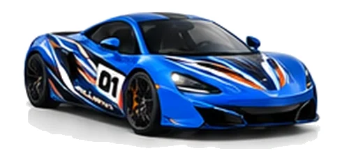 McLaren MP4-12C in Aurora Blue with black, white and orange racing graphics with a number 01 door panel, front three-quarter view on a white background.