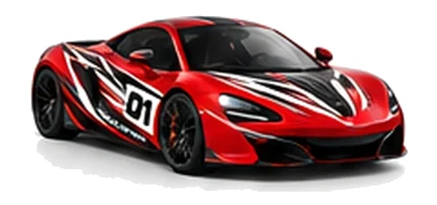 McLaren MP4-12C in Vermillion Red with black, white and orange racing graphics with a number 01 door panel, front three-quarter view on a white background.