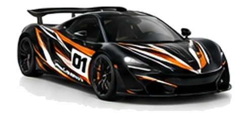 McLaren P1 in Onyx Black with black, white and orange racing graphics with a number 01 door panel, front three-quarter view on a white background.