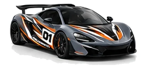 McLaren P1 in Storm Grey with black, white and orange racing graphics with a number 01 door panel, front three-quarter view on a white background.