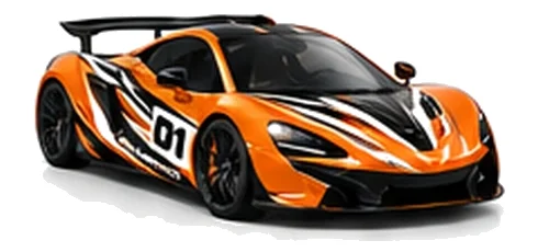 McLaren P1 in McLaren Orange with black, white and orange racing graphics with a number 01 door panel, front three-quarter view on a white background.