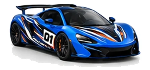 McLaren P1 in Aurora Blue with black, white and orange racing graphics with a number 01 door panel, front three-quarter view on a white background.