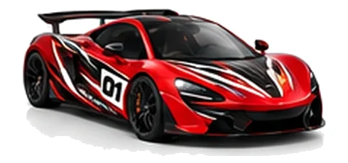 McLaren P1 in Vermillion Red with black, white and orange racing graphics with a number 01 door panel, front three-quarter view on a white background.
