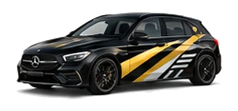 Mercedes-Benz A-Class in Obsidian Black with contrasting gold, white and black diagonal vinyl side graphics, front three-quarter view on a white background.