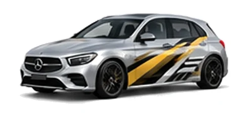 Mercedes-Benz A-Class in High-tech Silver with contrasting gold, white and black diagonal vinyl side graphics, front three-quarter view on a white background.