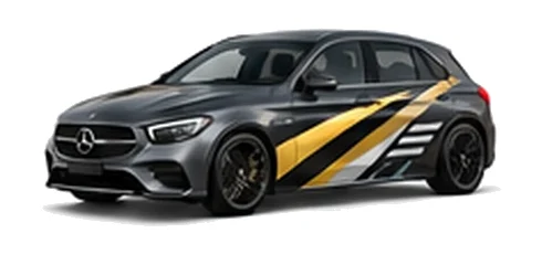 Mercedes-Benz A-Class in Selenite Grey with contrasting gold, white and black diagonal vinyl side graphics, front three-quarter view on a white background.