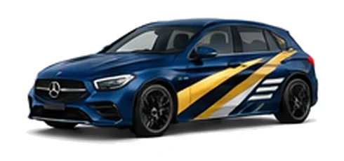 Mercedes-Benz A-Class in Spectral Blue with contrasting gold, white and black diagonal vinyl side graphics, front three-quarter view on a white background.