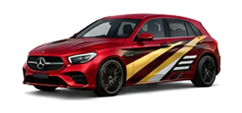 Mercedes-Benz A-Class in Patagonia Red with contrasting gold, white and black diagonal vinyl side graphics, front three-quarter view on a white background.
