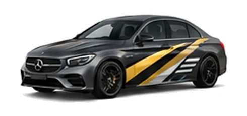 Mercedes-Benz C-Class in Selenite Grey with contrasting gold, white and black diagonal vinyl side graphics, front three-quarter view on a white background.
