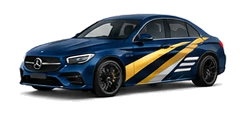 Mercedes-Benz C-Class in Spectral Blue with contrasting gold, white and black diagonal vinyl side graphics, front three-quarter view on a white background.
