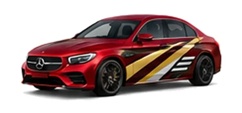 Mercedes-Benz C-Class in Patagonia Red with contrasting gold, white and black diagonal vinyl side graphics, front three-quarter view on a white background.