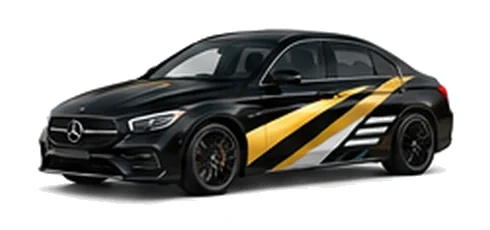 Mercedes-Benz CLA in Obsidian Black with contrasting gold, white and black diagonal vinyl side graphics, front three-quarter view on a white background.