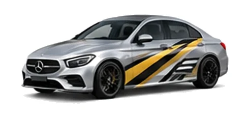 Mercedes-Benz CLA in High-tech Silver with contrasting gold, white and black diagonal vinyl side graphics, front three-quarter view on a white background.