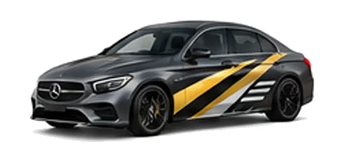 Mercedes-Benz CLA in Selenite Grey with contrasting gold, white and black diagonal vinyl side graphics, front three-quarter view on a white background.