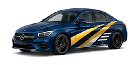 Mercedes-Benz CLA in Spectral Blue with contrasting gold, white and black diagonal vinyl side graphics, front three-quarter view on a white background.
