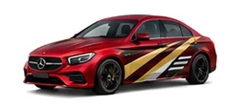 Mercedes-Benz CLA in Patagonia Red with contrasting gold, white and black diagonal vinyl side graphics, front three-quarter view on a white background.