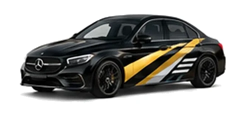 Mercedes-Benz E-Class in Obsidian Black with contrasting gold, white and black diagonal vinyl side graphics, front three-quarter view on a white background.