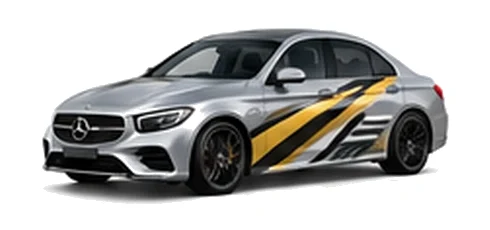 Mercedes-Benz E-Class in High-tech Silver with contrasting gold, white and black diagonal vinyl side graphics, front three-quarter view on a white background.