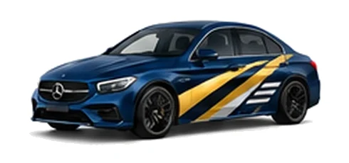 Mercedes-Benz E-Class in Spectral Blue with contrasting gold, white and black diagonal vinyl side graphics, front three-quarter view on a white background.