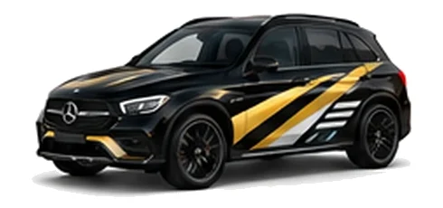 Mercedes-Benz GLC in Obsidian Black with contrasting gold, white and black diagonal vinyl side graphics, front three-quarter view on a white background.