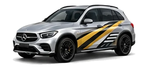 Mercedes-Benz GLC in High-tech Silver with contrasting gold, white and black diagonal vinyl side graphics, front three-quarter view on a white background.