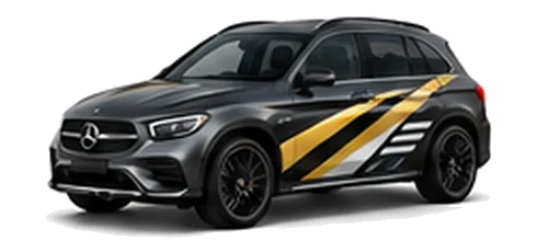 Mercedes-Benz GLC in Selenite Grey with contrasting gold, white and black diagonal vinyl side graphics, front three-quarter view on a white background.