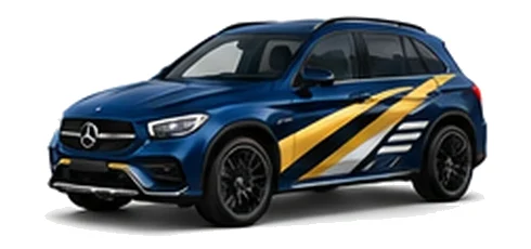 Mercedes-Benz GLC in Spectral Blue with contrasting gold, white and black diagonal vinyl side graphics, front three-quarter view on a white background.