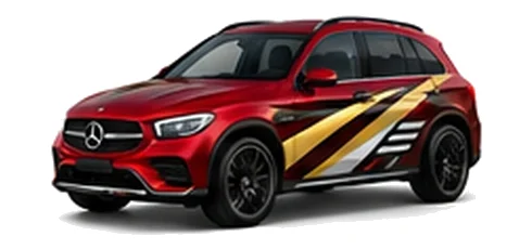 Mercedes-Benz GLC in Patagonia Red with contrasting gold, white and black diagonal vinyl side graphics, front three-quarter view on a white background.