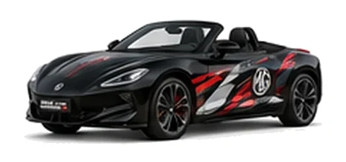 MG Cyberster in Black Pearl with black, grey, white and red geometric vinyl graphics with an MG side emblem, front three-quarter view on a white background.