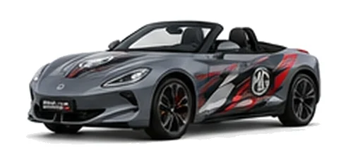 MG Cyberster in Camden Grey with black, grey, white and red geometric vinyl graphics with an MG side emblem, front three-quarter view on a white background.