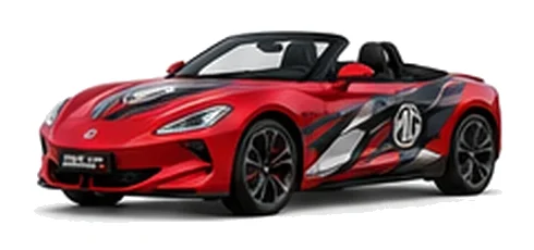 MG Cyberster in Dynamic Red with black, grey, white and red geometric vinyl graphics with an MG side emblem, front three-quarter view on a white background.