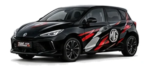 MG3 in Black Pearl with black, grey, white and red geometric vinyl graphics with an MG side emblem, front three-quarter view on a white background.