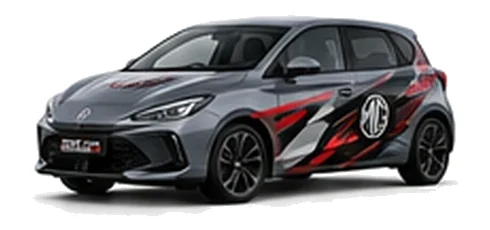 MG3 in Camden Grey with black, grey, white and red geometric vinyl graphics with an MG side emblem, front three-quarter view on a white background.